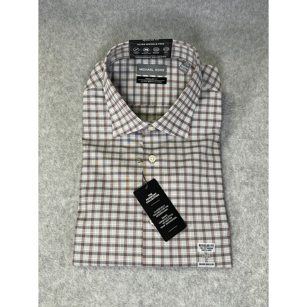 NEW Michael Kors Ultra Wrinkle Free Grey Wine Plaid Dress Fit - Large